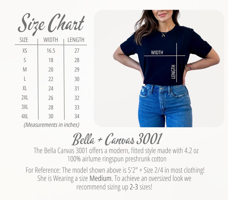 Op de afbeelding: Maattabel voor een zwart Bella + Canvas 3001 T-shirt. De tabel toont de breedte- en lengtemaat in inches voor maten XS tot 4XL. Het model draagt maat M en is 1,57 m lang.