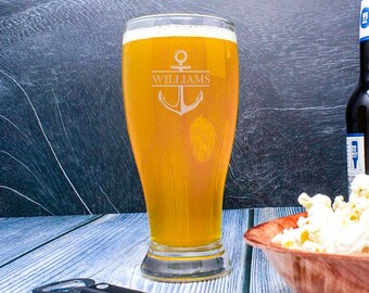 Nautical Themed Personalized Pub Glass , Custom Beach House Glass, Beach House Décor, Ocean Theme Monogram Beer Glass. Housewarming Gift