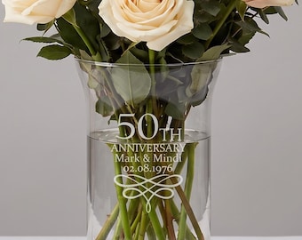 50th Anniversary Vase, Gold Etched with Their Names and Date | Round Flared Glass 12 in | Golden Anniversary Gift for Parents