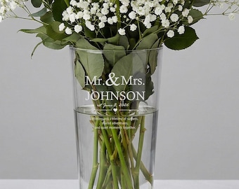 Personalized Etched Glass Vase,  Custom Wedding Gift, Anniversary Vase, Custom Etched 12" Floral Vase,  Mr. & Mrs. Personalization