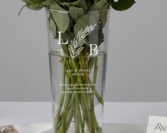 Personalized Etched Glass Vase, 12" Wedding & Anniversary Gift, Custom Couple Name Date Keepsake, Hand-Engraved Floral Vase,  Wedding Decor