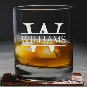 Personalized Engraved Etched Initial Heavy Base 13.5 oz Double Rocks, Old-Fashioned Whiskey Glass