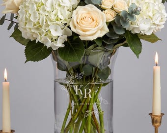 Round Glass Wedding Vase, 7 in Flared Mouth | Names and Date Engraved, 20 Monogram Designs | 12 in Personalized Keepsake