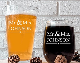Christmas Couples Gift Glass Set, Personalized Etched Glassware, Holiday Anniversary & Housewarming Present