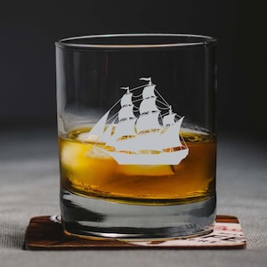 Nautical Ship Engraved Glass, Heavy Base 13.5 oz Double Rocks Glass, Old Fashioned Whiskey Glass, Lowball Scotch Glass, Sea Lover Gift
