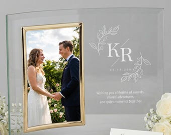 Personalized Etched Glass Photo Frame with Monogram & Custom Message, Elegant Wedding, Anniversary, or Memorial Gift