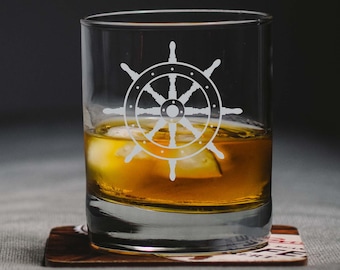 Nautical Whiskey Glass, Boat Wheel Whiskey Glass, Old Fashioned Whiskey Glass, Nautical Gift, Whiskey Glass With Heavy Base, Sailing Glass