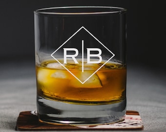 Personalized Engraved Etched Name & Initial Heavy Base 13.5 oz Double Rocks, Old-Fashioned Whiskey Glass