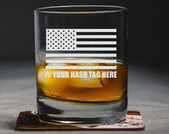 Custom US Flag Etched Whiskey Glass, Personalized Patriotic Gift