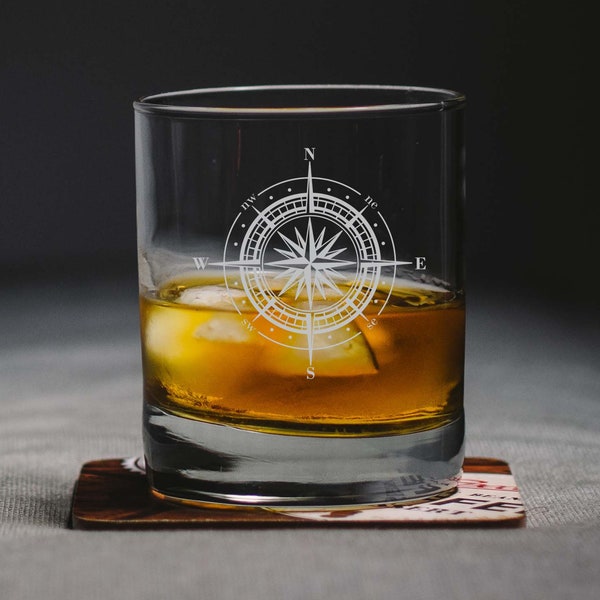 Nautical Themed Compass Engraved Heavy Base 13.5 oz Double Rocks, Old-Fashioned Whiskey Glass