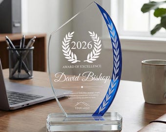 Employee Award Personalized Glass Trophy, Custom Etched Crystal Gift for Recognition and Achievement