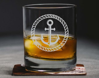 Anchor Whiskey Glass, Nautical Whiskey Glass, Sailing Glass, Etched Whiskey Glass, Engraved Whiskey Glass, Sailing Gift, Whiskey Lover Gift