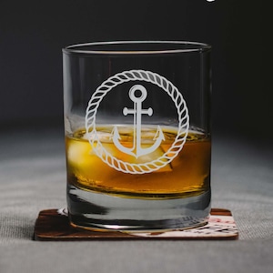 Anchor Whiskey Glass, Nautical Whiskey Glass, Sailing Glass, Etched Whiskey Glass, Engraved Whiskey Glass, Sailing Gift, Whiskey Lover Gift