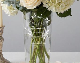 Personalized Etched Glass Vase, Custom Wedding & Anniversary Gift, 12" Floral Vase, Hand-Engraved Couples Engagement Keepsake