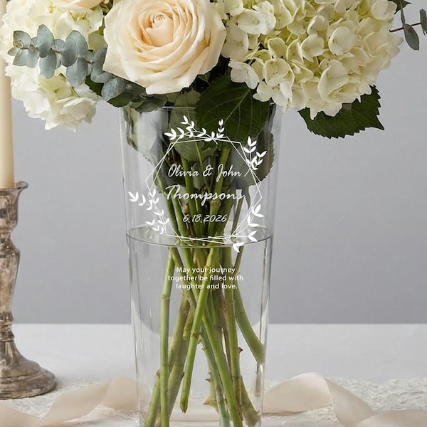 Personalized Etched Glass Vase, Custom Wedding & Anniversary Gift, 12" Floral Vase, Hand-Engraved Couples Engagement Keepsake