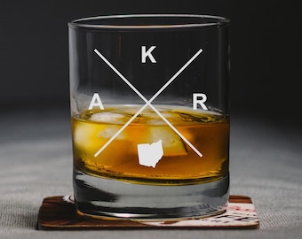 Vaso de whisky Akron Ohio, vaso de rocas Akron, regalo Akron, Akron Ohio, vaso AKR Akron