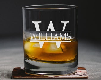 Personalized Engraved Etched Initial Heavy Base 13.5 oz Double Rocks, Old-Fashioned Whiskey Glass