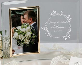 Personalized Etched Glass Photo Frame with Monogram & Custom Message, Elegant Wedding, Anniversary, or Memorial Gift