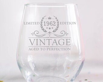 60th Birthday 1962 Personalized Engraved Stemless Wine Glass,  Gift Birthday Gift for Her, birthday gifts for her best friend