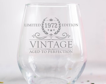 50th Birthday 1972 Personalized Engraved Stemless Wine Glass,  Gift Birthday Gift for Her, birthday gifts for her best friend