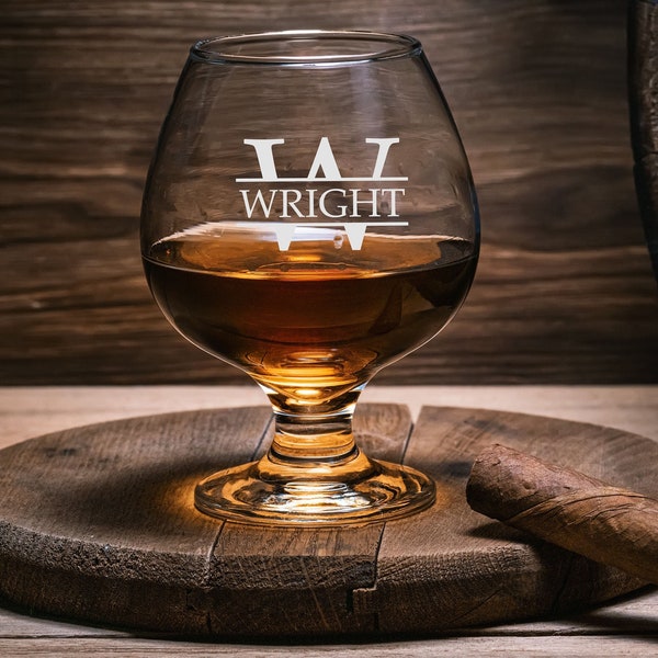 Personalized Etched Brand Glass, Gift for Him, Custom Whiskey Glass, Monogram Drinking Glass, Brandy Sniffer, Cognac Glass