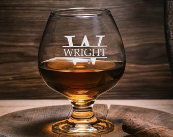 Personalized Etched Brand Glass, Gift for Him, Custom Whiskey Glass, Monogram Drinking Glass, Brandy Sniffer, Cognac Glass