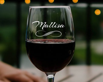 Personalized Stemmed Wine Glass, Custom Name Glass, Infinity Symbol Couple Glass, Monogram Wine Glass, Engraved Wine Glasses,Girlfriend Gift