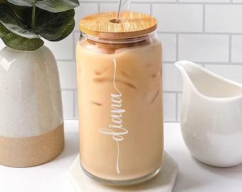 Personalized Etched Can Glass with Lid and Straw