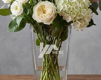 Engraved Logo Flower Vase, 12 in Square Glass, Send Your Logo, Corporate Gift