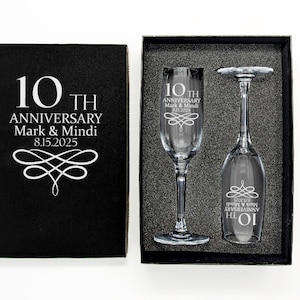 10 Year Anniversary Gift For Her ,Etched Champagne Glasses, Toasting  Anniversary Glasses, Couples Gift For Wedding Anniversary
