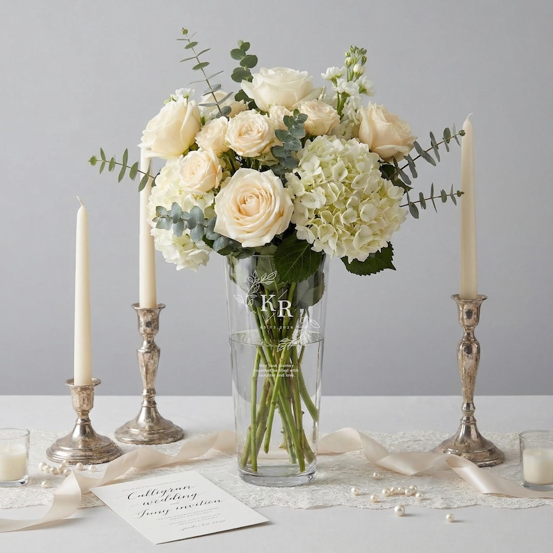 Jarrón de vidrio grabado personalizado, regalo de boda personalizado, jarrón de aniversario, jarrón floral de 30 cm con nombre y fecha de la pareja, recuerdo grabado a mano. imagen 4