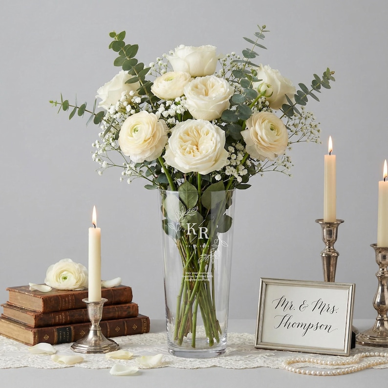 Jarrón de vidrio grabado personalizado, regalo de boda personalizado, jarrón de aniversario, jarrón floral de 30 cm con nombre y fecha de la pareja, recuerdo grabado a mano. imagen 1