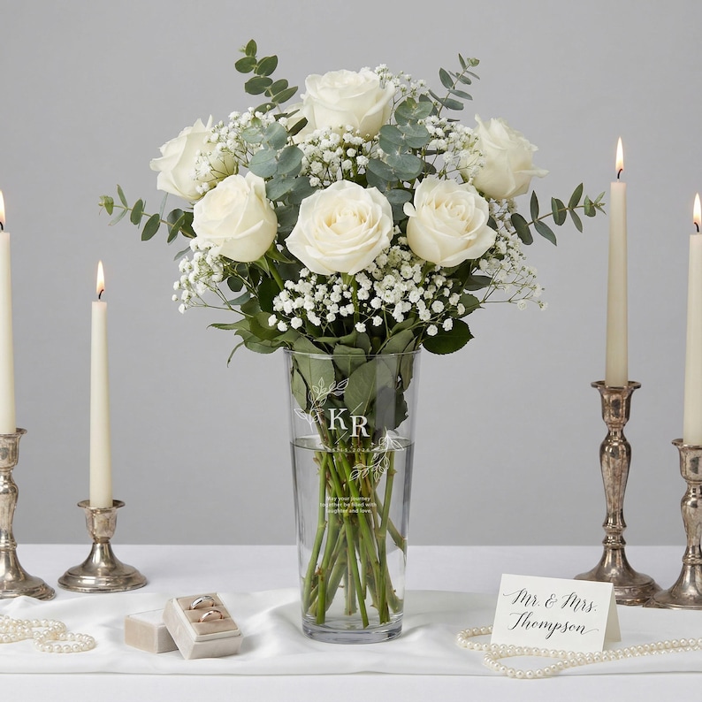 Jarrón de vidrio grabado personalizado, regalo de boda personalizado, jarrón de aniversario, jarrón floral de 30 cm con nombre y fecha de la pareja, recuerdo grabado a mano. imagen 7