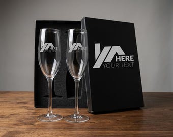 Custom Logo Engraved Champagne Flutes Set, Personalized Business Gift Box