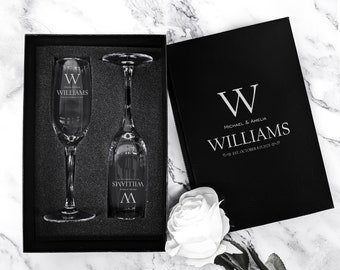 Champagne Flute Gift Set, Personalized Couples Toasting Flute Set, Anniversary Gift for Couples, Personalized Leatherette Gift Box