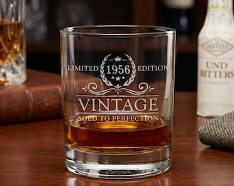 70th Birthday Gift For Man, Vintage 1956 Etched Whiskey Glass, Tumbler Scotch Glass, Personalized Birthday Gift, Old Fashioned Glass