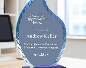 Personalized Flame Glass Award, 8" Clear Glass Trophy on Reflective Blue & Black Base, Custom Engraved Recognition Gift