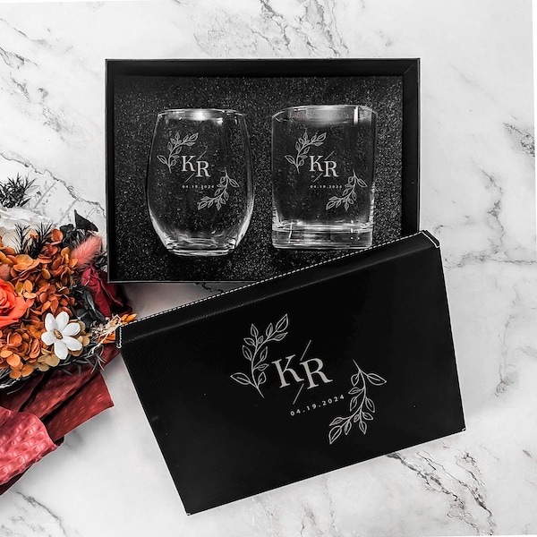 Gift For Couples, Couples Stemless Wine Glass Set, Engraved Wedding Glasses, Gift for Mr and Mrs, Bride & Groom Wine Glasses for Toasting