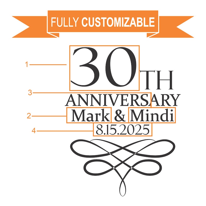 May include: A fully customizable design for a 30th anniversary. The design includes the text "30th Anniversary Mark & Mindi 8.15.2025" in a classic font, with an orange banner that reads "FULLY CUSTOMIZABLE". A decorative flourish is at the bottom.