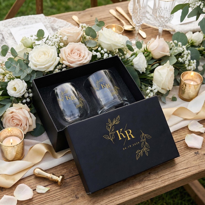 May include: A black gift box with two clear glasses, each etched with "KR" and floral designs. The box also features gold lettering and the date "04.19.2024". The glasses are presented on a wooden table, surrounded by flowers and candles.