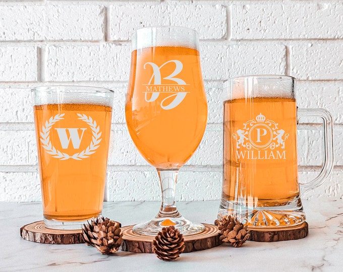 Personalized Beer Glasses, Custom Beer Glasses, Etched Beer Glass, Monogram Gift for Him, Barware Gift for Beer Lover
