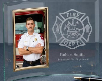 Engraved Fire Fighter Glass Photo Frame, Personalized Fire Fighter Gift, Custom Promotion, Academy Graduation, Memorial