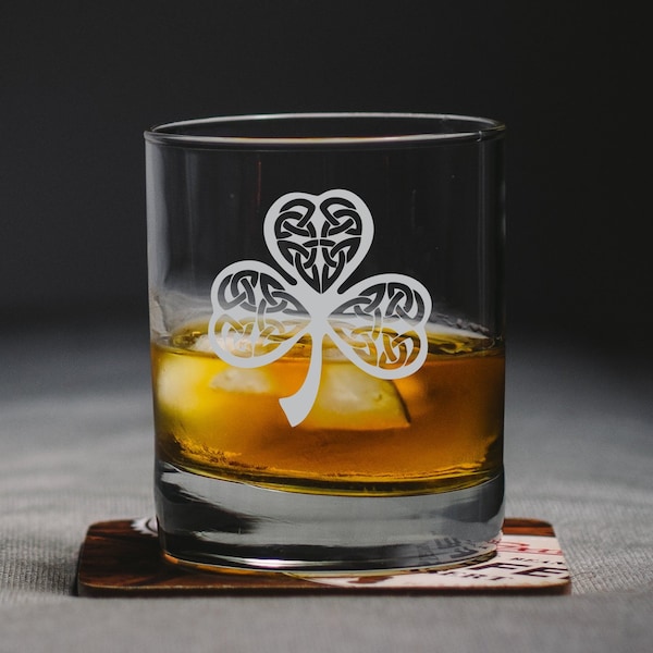 Irish Shamrock Engraved Whiskey Glass, Celtic Etched Whiskey Glass, Personalized Gift For Him, Customized Whiskey Glass, Old Fashioned Glass