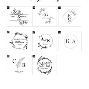 Puede incluir: Una colecci&oacute;n de dise&ntilde;os de monogramas en blanco y negro. Los dise&ntilde;os incluyen iniciales, nombres y fechas, rodeados de elementos florales y geom&eacute;tricos. El texto "Monogram Designs" est&aacute; en la parte superior.