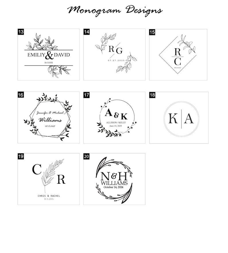 Puede incluir: Una colecci&oacute;n de dise&ntilde;os de monogramas en blanco y negro. Los dise&ntilde;os incluyen iniciales, nombres y fechas, rodeados de elementos florales y geom&eacute;tricos. El texto "Monogram Designs" est&aacute; en la parte superior.