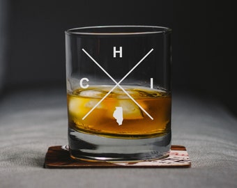 Chicago Illinois Whiskey Glass, Chicago Rocks Glass, Chicago Illinois Gift, Chicago Illinois, CHI Chicago Glass