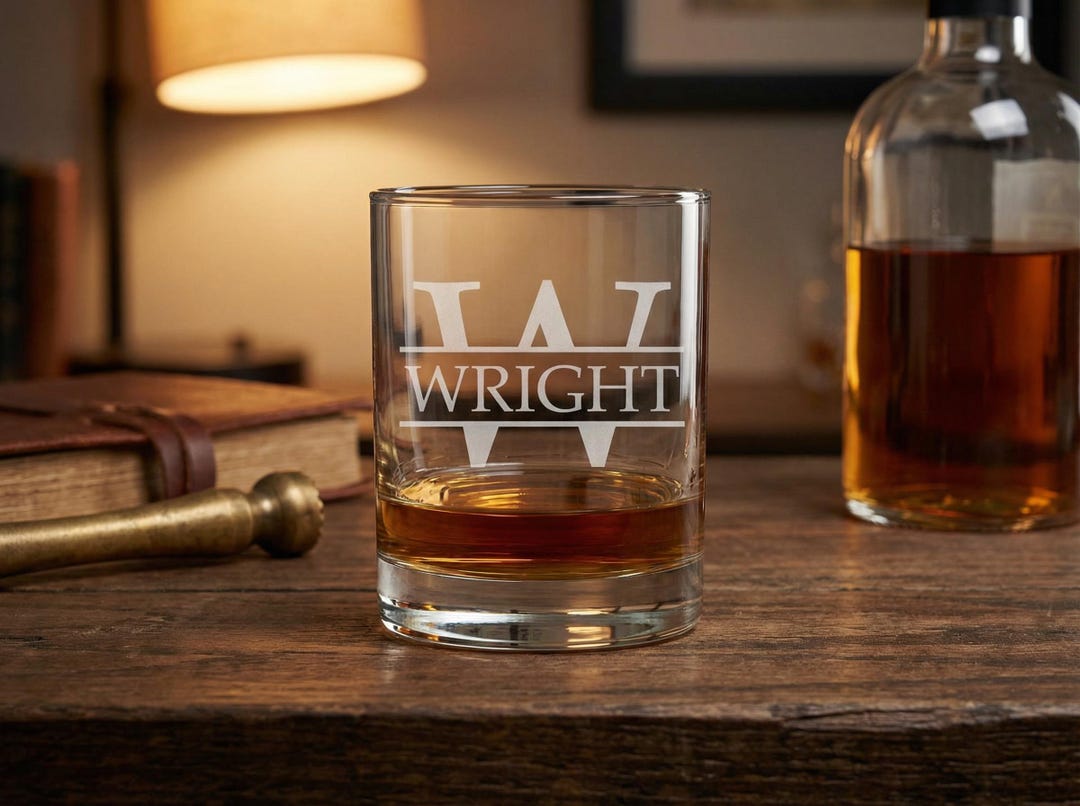 Personalized Engraved Etched Initial Heavy Base 13.5 Oz Double Rocks ...