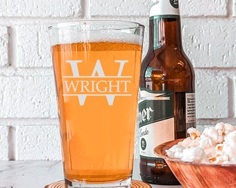 Christmas Personalized Pint Glass, Custom Monogram Etched Beer Glass, Christmas Gift for Him, Dad, Groomsmen, Craft Beer Enthusiast