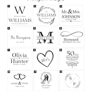 Puede incluir: Una colecci&oacute;n de doce dise&ntilde;os de monogramas negros, cada uno con nombres, iniciales y fechas, adecuados para bodas o aniversarios. Los dise&ntilde;os var&iacute;an en fuente y estilo, sobre un fondo blanco. Las palabras "Monogram Designs" est&aacute;n en la parte superior.