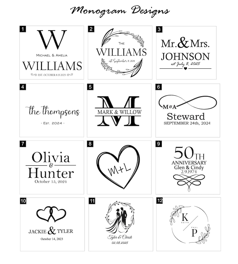 Puede incluir: Una colecci&oacute;n de doce dise&ntilde;os de monogramas negros, cada uno con nombres, iniciales y fechas, adecuados para bodas o aniversarios. Los dise&ntilde;os var&iacute;an en fuente y estilo, sobre un fondo blanco. Las palabras "Monogram Designs" est&aacute;n en la parte superior.